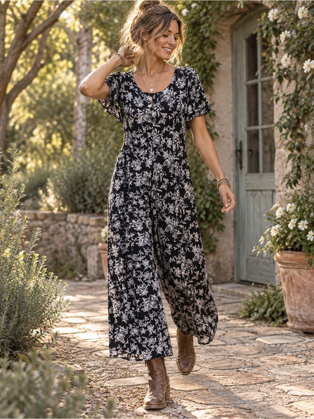 Vintage Infatuation Black Floral Jumpsuit | 90s Drop Crotch Wide Leg Medium